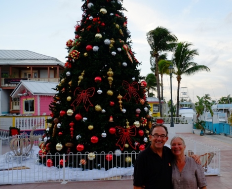 Weihnachtsbaum auf dem Marktplatz von Port Lucaya:  Der Baum und die Kugeln sind aus Plastik und der Schnee ist aus Watte. Nur die beiden Menschen davor sind echt, und die rufen Euch quer über den Atlantik zu: Frohe Weihnachten!